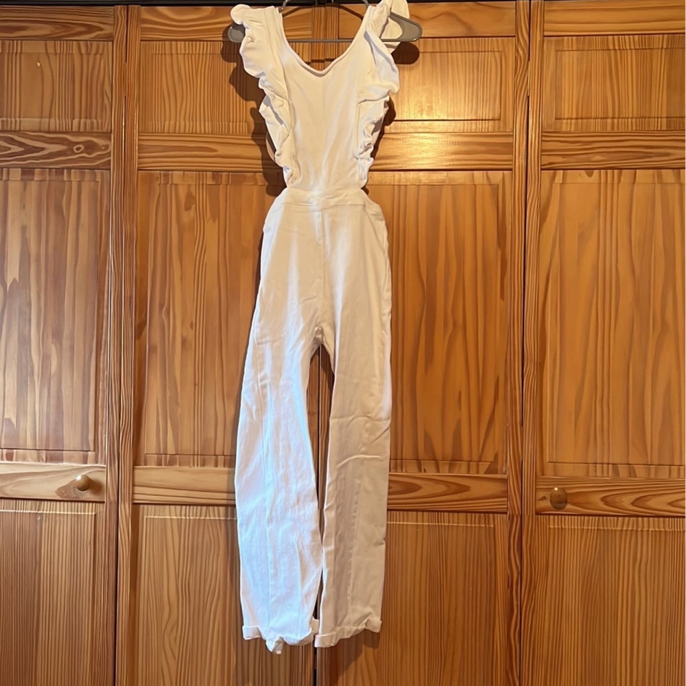 Fashion Nova white jean jumpsuit